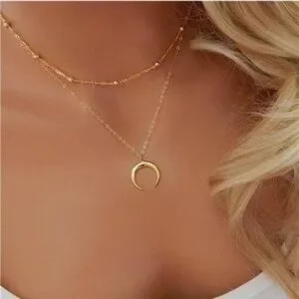 Gold 14k Gold Plated Beaded Moon Pendant Necklace